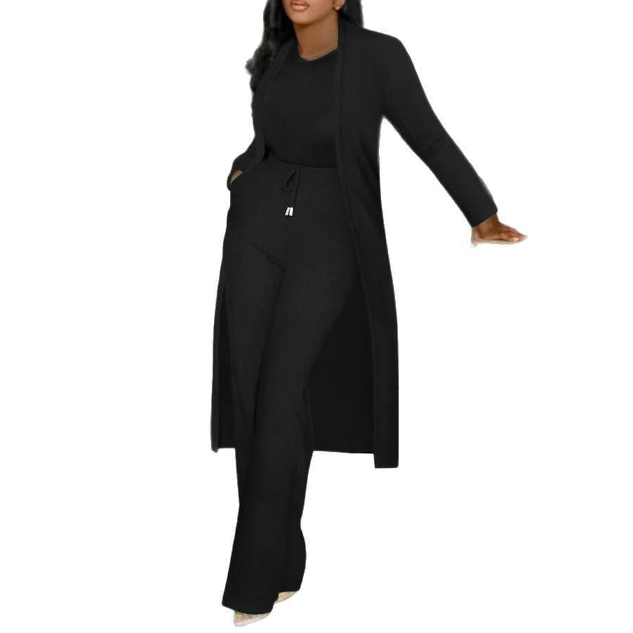 black longline knit cardigan sunken stripe with matching sunken stripe wide leg pants set in a comfortable knit material for a stylish coordinated look