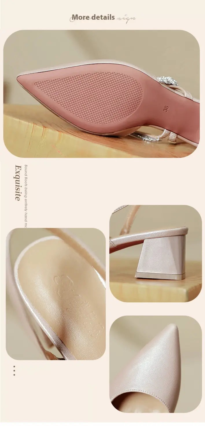 rose gold satin pointed toe high heels with chunky heel featuring a pink satin mule design and rhinestone embellishment on the strap