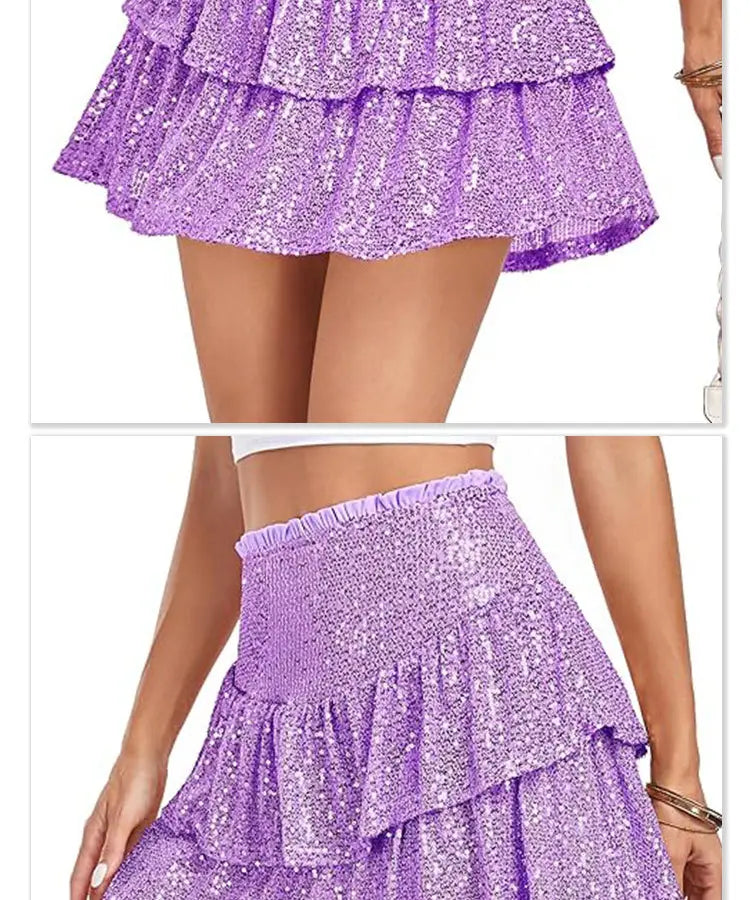 a red two tiered sequin dance skirt featuring a shimmering lavender sequined mini skirt with tiered ruffles and an elastic waistband designed for sequin performance dance.