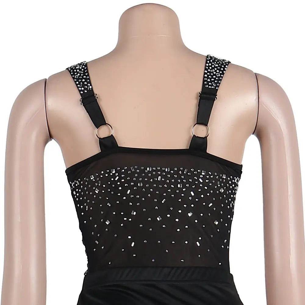 black rhinestone-embellished strap top with sheer mesh bodice and adjustable shoulder straps in a rhinestone sling backless two-piece set two colors.