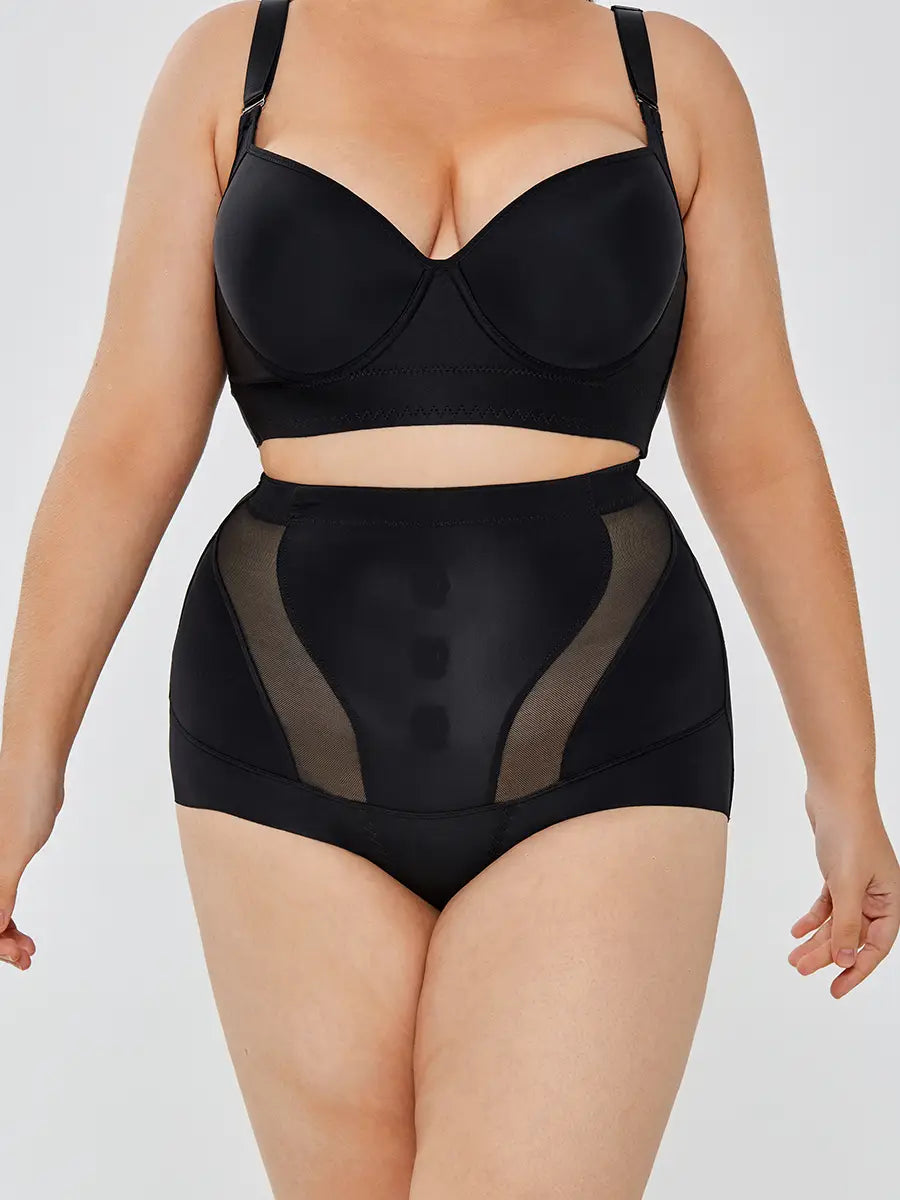 Black womens tummy control high waist mesh body shaper set featuring high-waisted shapewear with mesh panels and adjustable straps for effective tummy control.