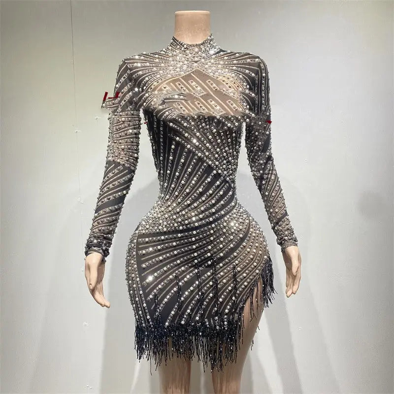 A shimmering black and silver sequined tassel dress birthday party long sleeve with sheer fabric, diagonal beading patterns, and fringe detailing at the hem.