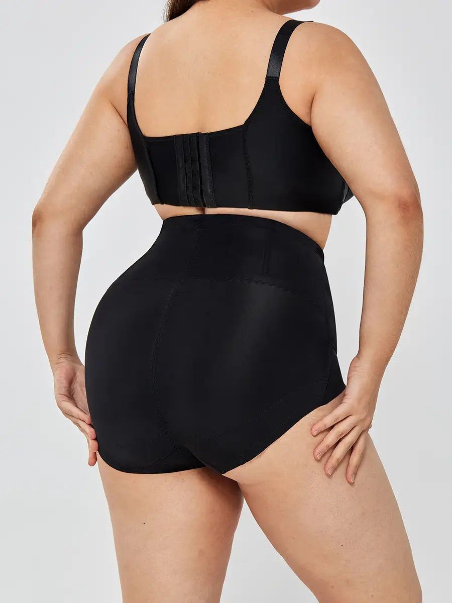 Black womens tummy control high waist mesh body shaper shorts with a seamless, form-fitting design and adjustable straps.