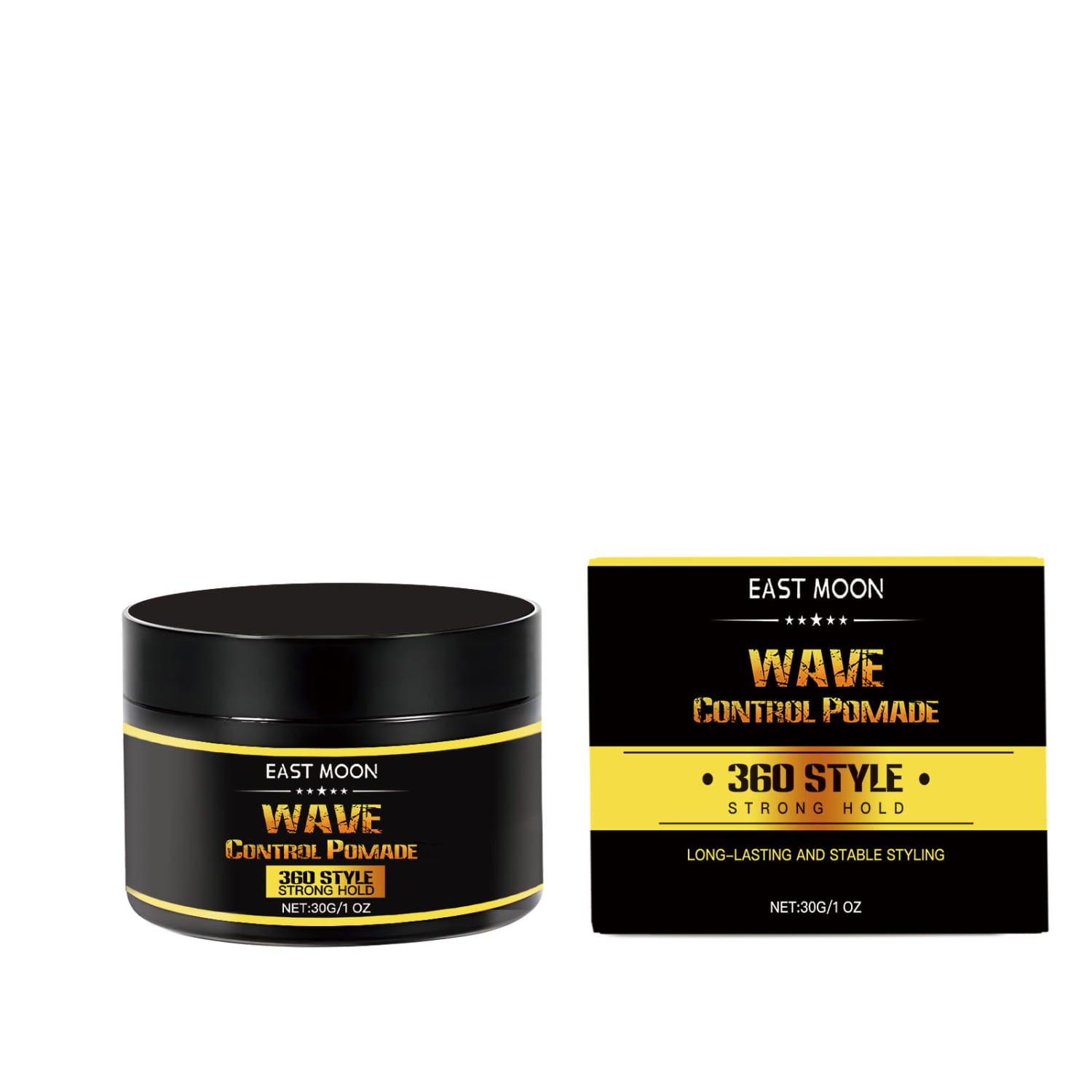 black cylindrical container of east moon wave control pomade with gold accents and matching black and yellow packaging from the men’s hair care shaping wave collection set for hair care and styling.