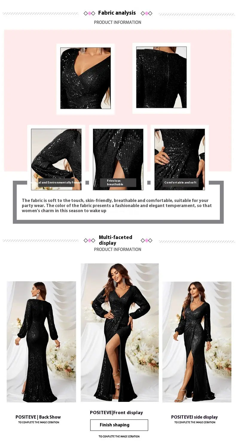 black sequined long sleeve high slit evening gown with a plunging v-neck and high slit slim fit design