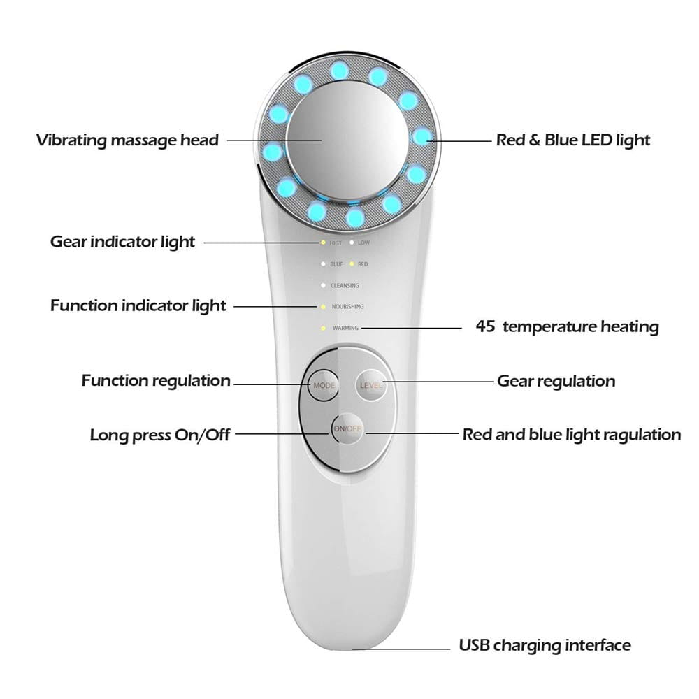 White handheld 7 in 1 led facial machine and skin care massager with a circular vibrating massage head surrounded by blue led lights and control buttons for mode gear and light regulation.