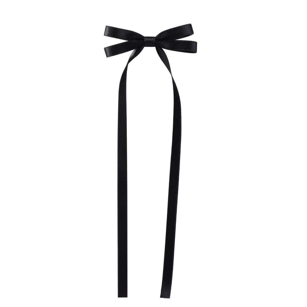 Elegant black satin bow braided hair ribbon tie set featuring a sleek, symmetrical bow with long trailing tails for versatile hair tie double styling.