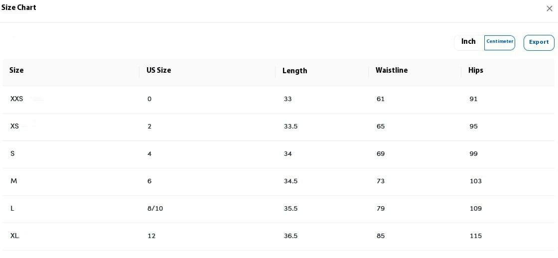 a white digital size chart displaying measurements in inches and centimeters for a cargo pocket long denim skirt