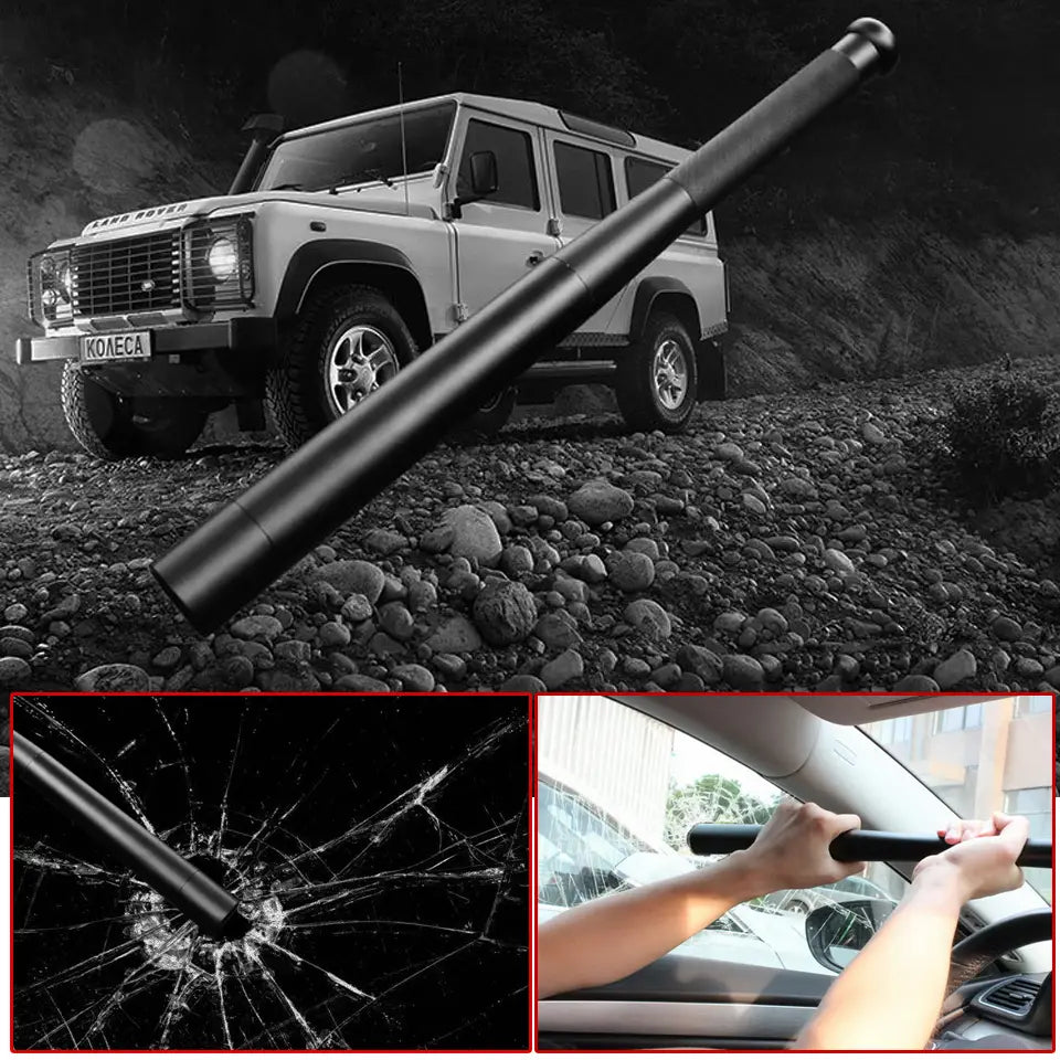 black cylindrical telescopic baton with textured grip and rounded ends designed as a baseball bat powerbank led bulbs flashlight torch.
