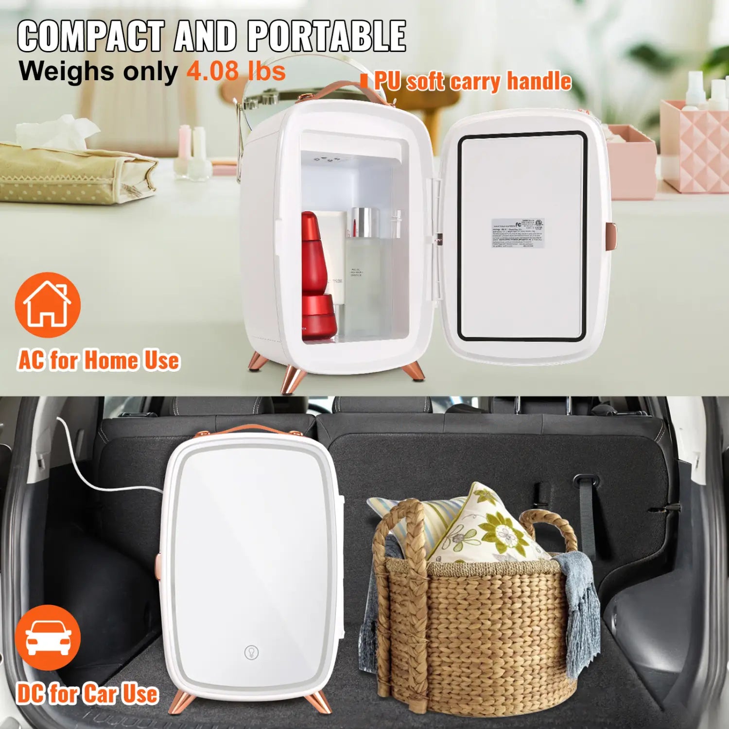 White luxury skin care 6L mini fridge with mirror featuring copper-colored feet and a pu soft carry handle designed for home and car use in skin care fridges and vevor mini fridge categories.