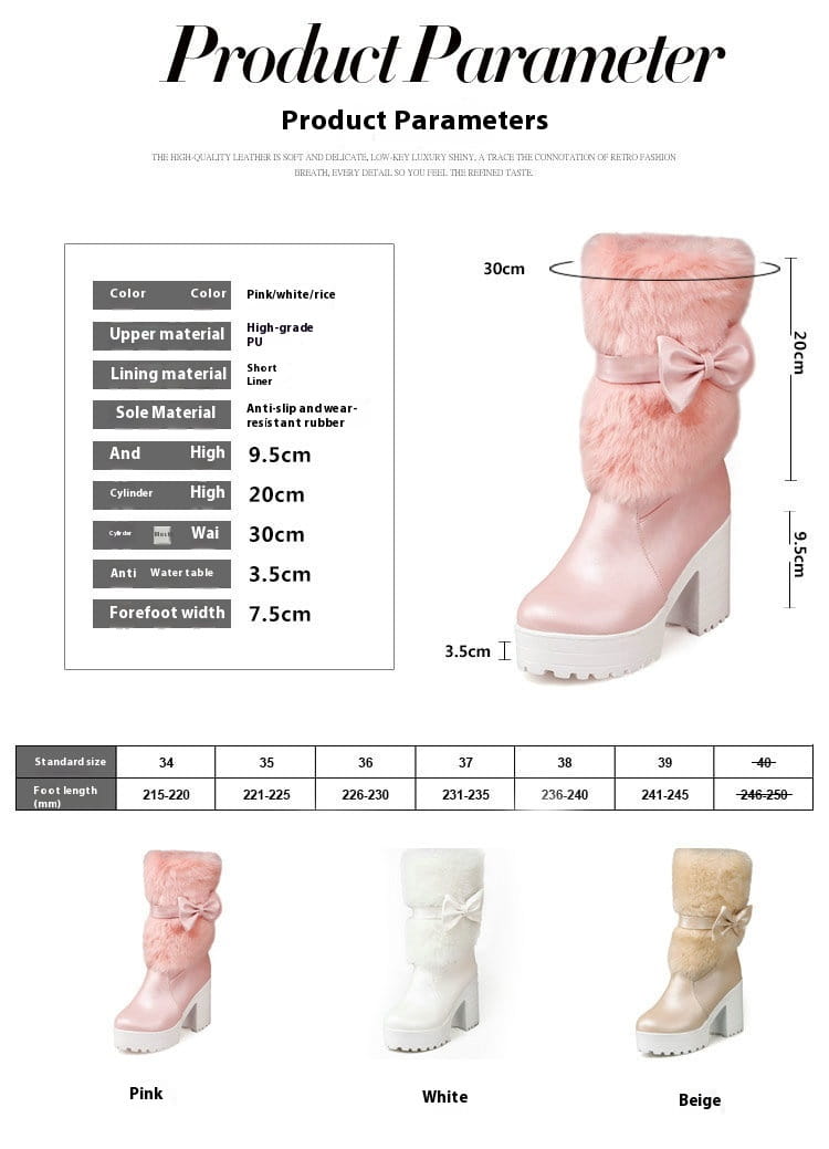 pink high-grade leather white platform sweet bow boots with fluffy faux fur cuff and matching bow at the ankle designed for winter heel snow sweet use