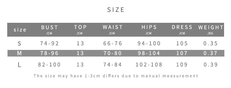 Size chart for a women’s backless sequined lace split skirt suit showing measurements in centimeters and kilograms for sizes S, M, and L.