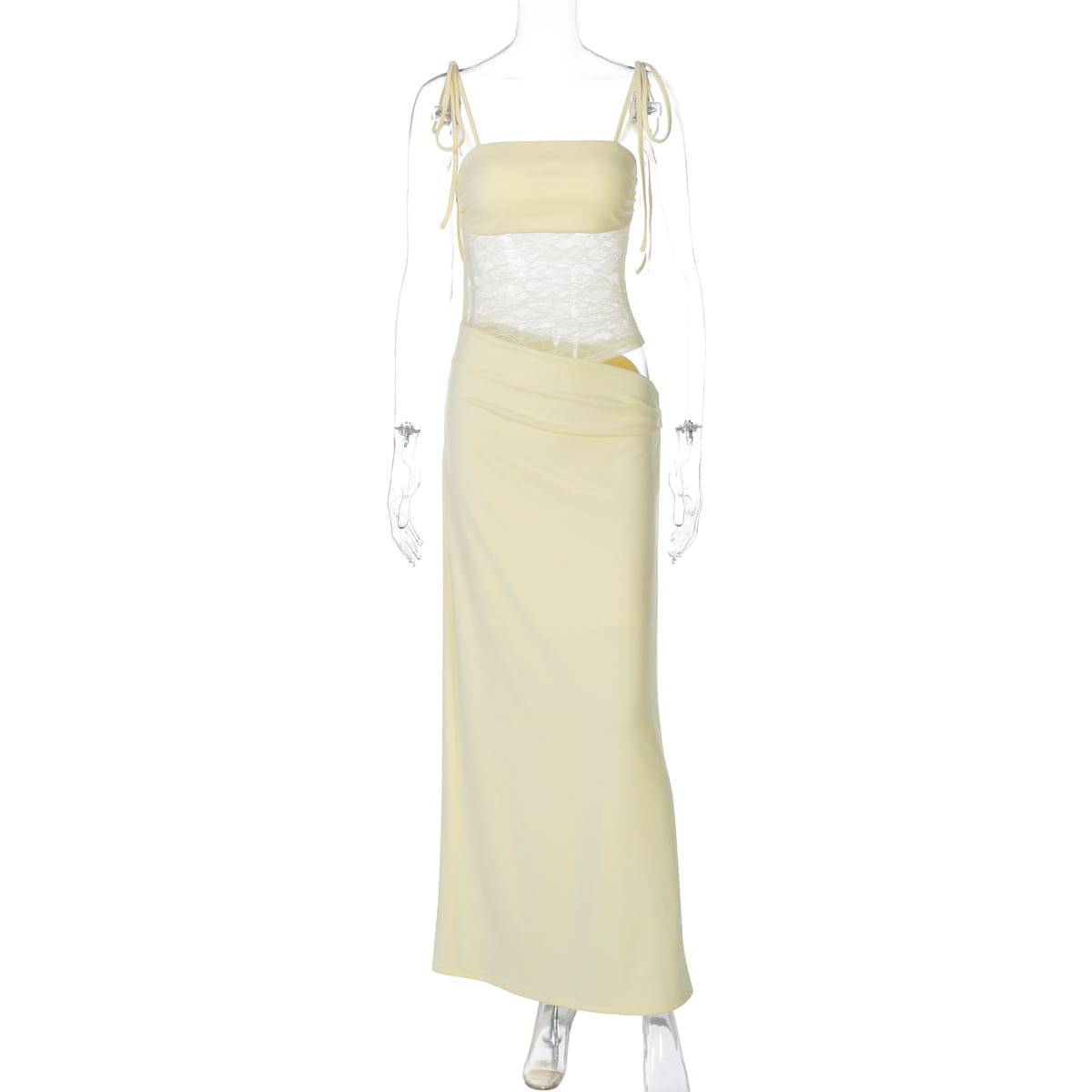 a pale yellow two-piece outfit with a strapless top featuring thin tie straps and a matching high-waisted skirt accented by a white lace panel at the waist, styled in the manner of a y2k lace suspender dress
