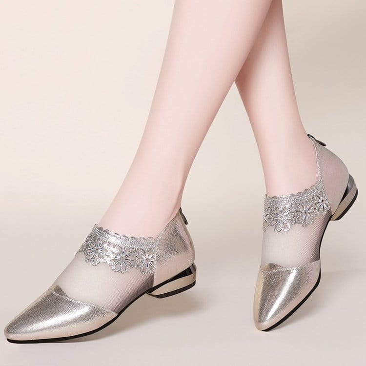 silver metallic mesh women’s loafers with delicate floral lace trim and low block heel in black lace mesh women’s sandals tide collection