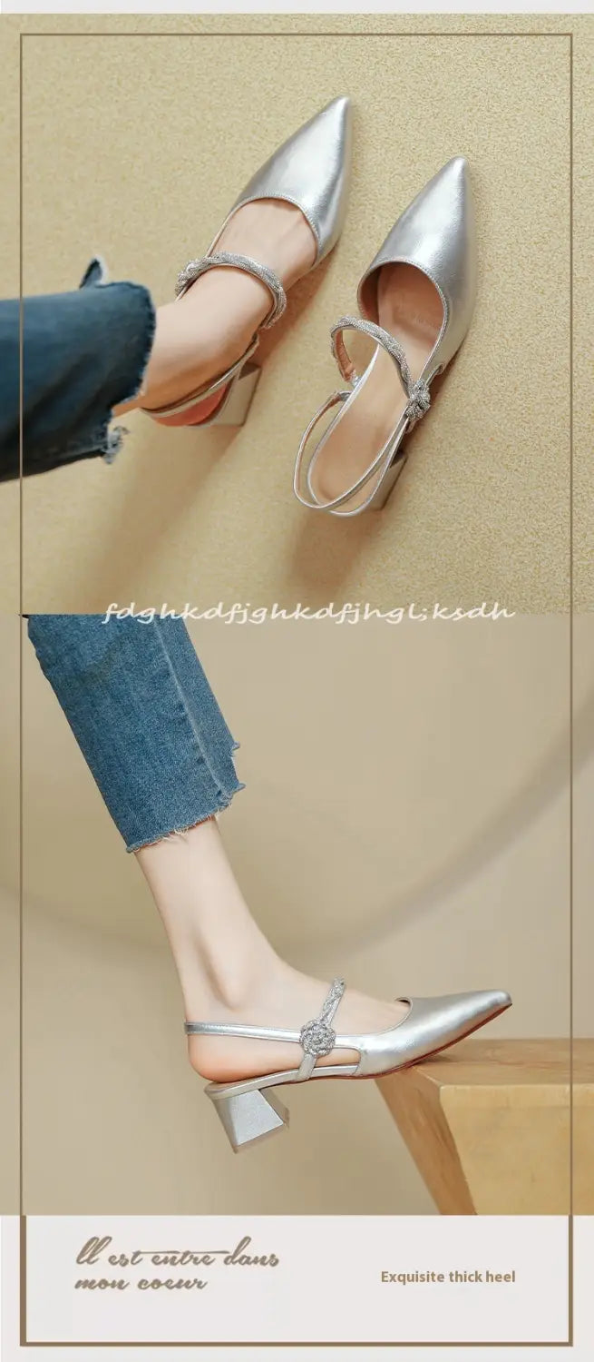 Silver metallic pointed toe high heels with chunky heel mary jane design and decorative crystal strap in rose gold satin finish.