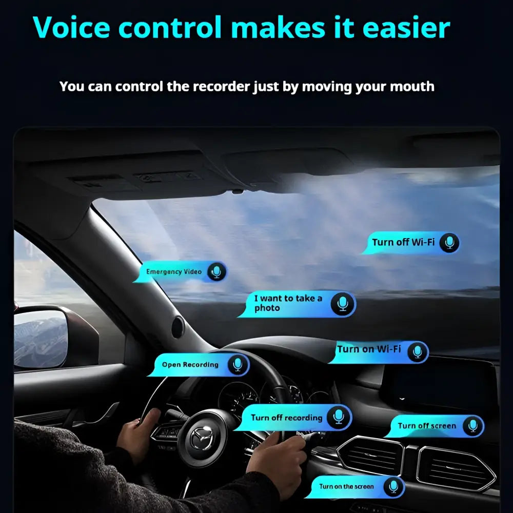 Voice-controlled 4k night vision driving recorder with sleek black design and digital display screen for panoramic parking surveillance