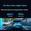 Light blue metallic suv rear with illuminated taillights showcased with 4k night vision driving recorder panoramic parking surveillance digital display screen