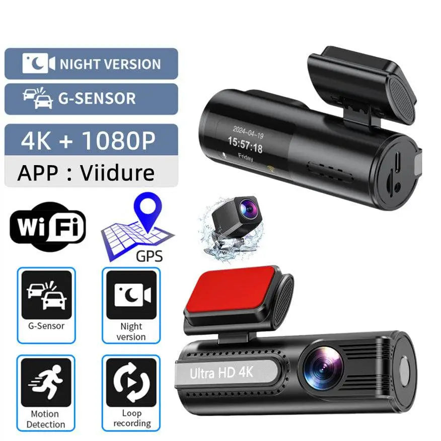 Black cylindrical rear dual lens dash cam with matte finish and integrated display labeled ultra hd 4k for night vision lipstick use