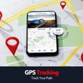 Black smartphone displaying GPS tracking app with blue sports car for 4K night vision lipstick rear dual lens dash cam