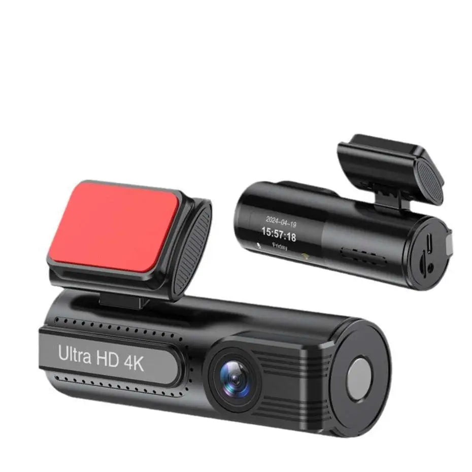 Black cylindrical 4k night vision lipstick machine rear dual lens dash cam with red rectangular mounting clip