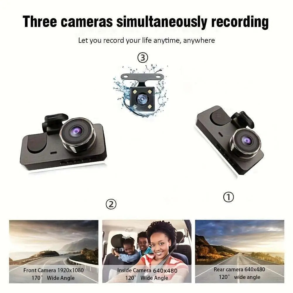 Black 4k ultra hd triple recording dash cam with circular lens small button and small screen displaying status