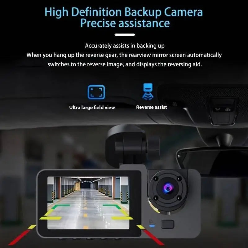 Black and gray 4k ultra hd triple recording dash cam with small screen displaying reverse assistance features on back side
