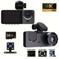 Black 4k ultra hd triple recording dash cam system with front inside and back camera components and small screen displaying