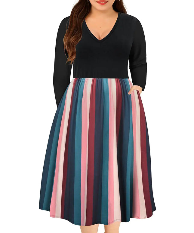 RITERA Plus Size Dresses for Curvy Women Colorful Stripes Long Sleeve V Neck Dress Elastic Waist Patchwork Fall Winter Flowy Casual Dress 3XL 22W 24W