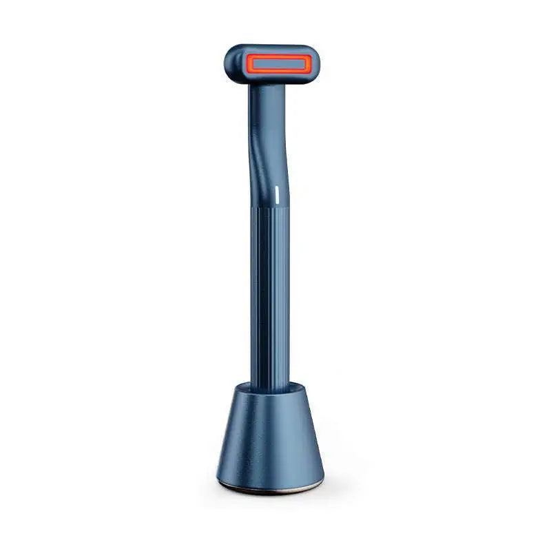 Blue rotary eye massage handpiece with therapeutic warmth and orange light in a rose gold 5-in-1 base