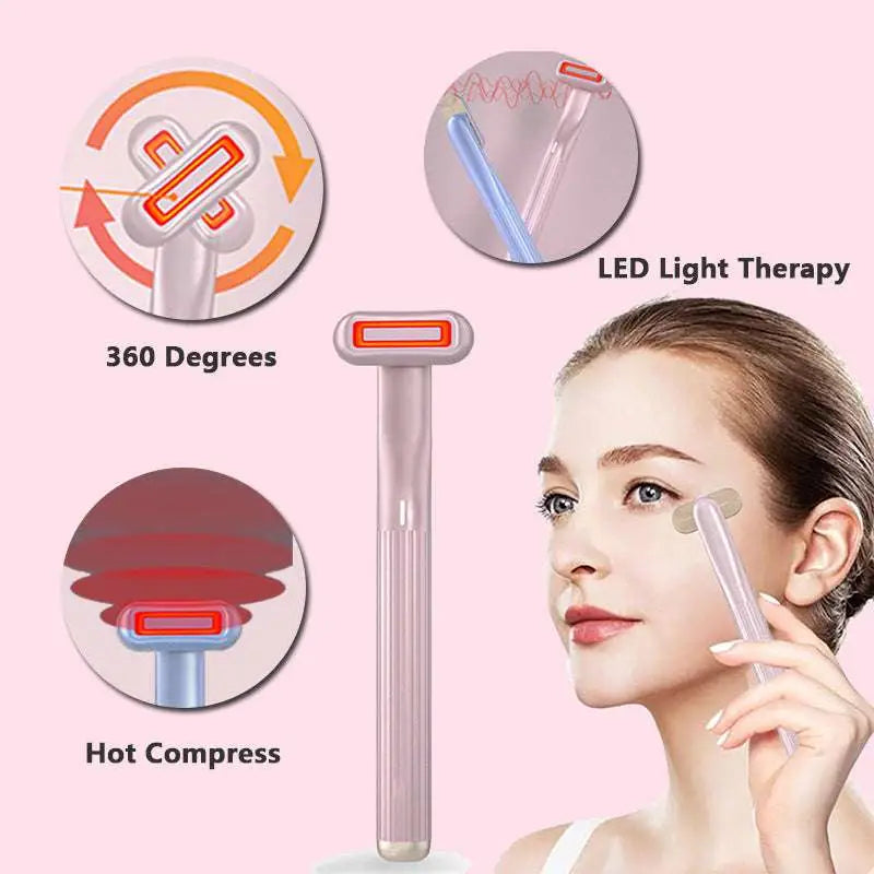 A sleek translucent pink rose gold 5-in-1 rotary eye massage wand with red led light and therapeutic warmth features