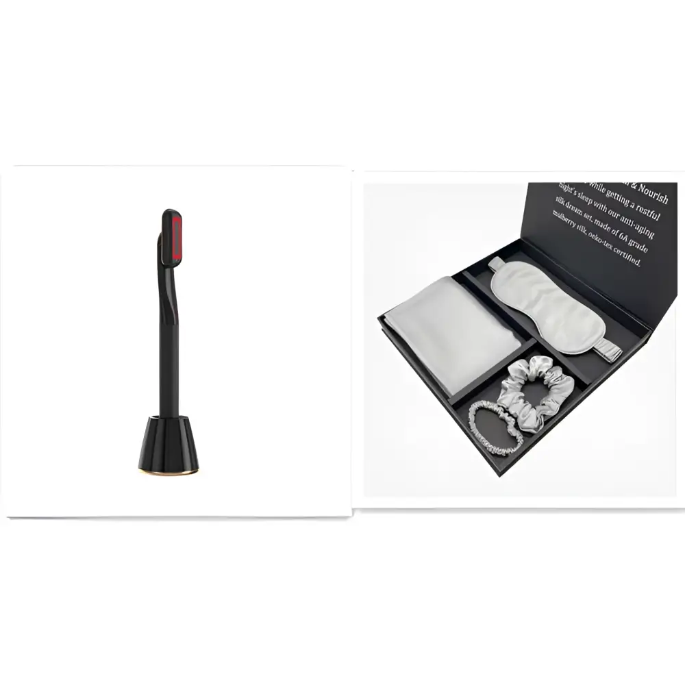 Black and red rotary eye massage wand with therapeutic warmth and sleek modern design for rose gold 5-in-1 use