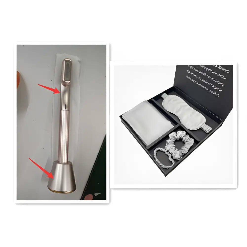 Rose gold 5-in-1 facial cleansing device with sleek cylindrical body and flared base featuring rotary eye massage and therapeutic warmth