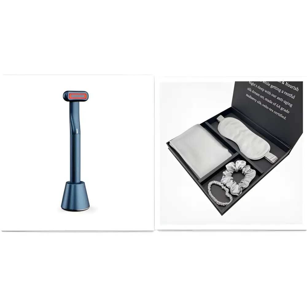 Blue electric 5-in-1 rotary eye massage wand with therapeutic warmth and red illuminated top and base