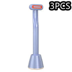 Light blue plastic rotary eye massage wand with orange accented head and ribbed handle featuring therapeutic warmth