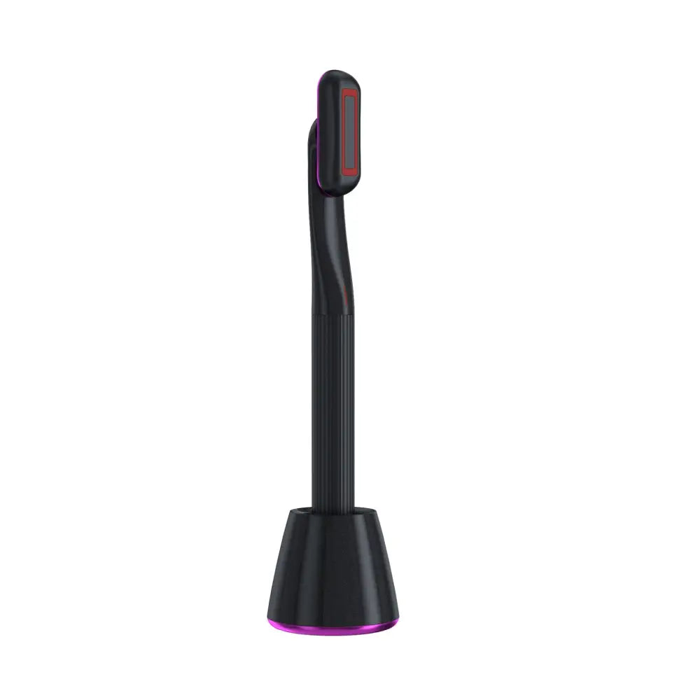 Black electric 5-in-1 rotary eye massage wand with purple accent lighting and therapeutic warmth features a sleek modern design