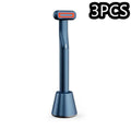 Blue handheld dental curing light with orange illuminated tip shown alongside rose gold 5-in-1 rotary eye massage wand with therapeutic warmth