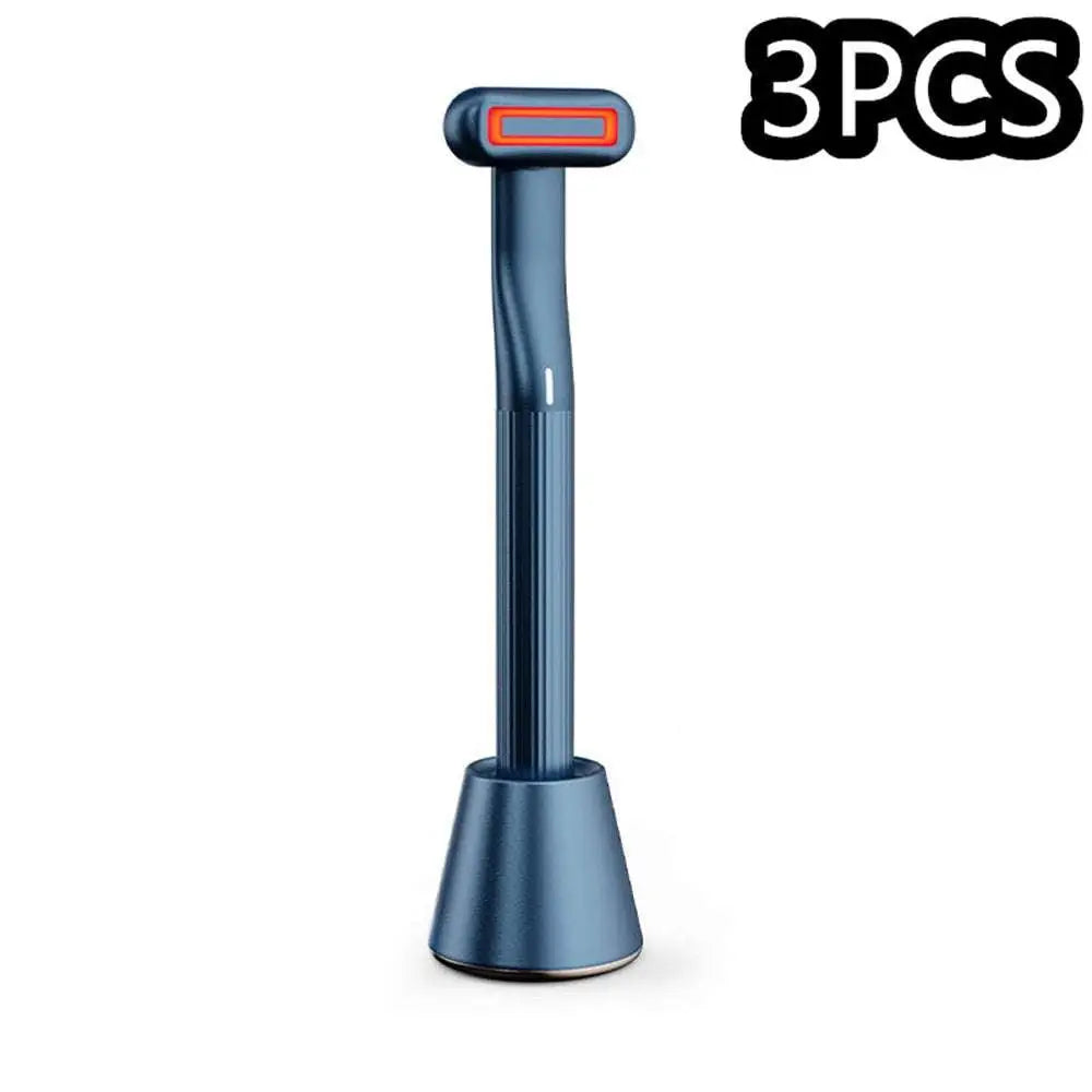 Blue handheld dental curing light with orange illuminated tip shown alongside rose gold 5-in-1 rotary eye massage wand with therapeutic warmth