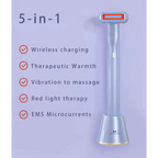 Silver-toned 5-in-1 360 degrees rotary eye massage wand with therapeutic warmth and orange-accented head