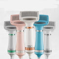 A set of five pastel pet hair dryers with one-key hair removal and grooming comb attachments in pink white blue and gray