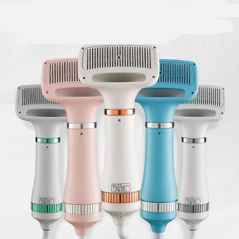 A set of five pastel pet hair dryers with one-key hair removal and grooming comb attachments in pink white blue and gray