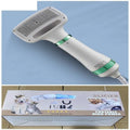 White and green handheld pet hair dryer with one-key hair removal and grooming comb attachments for efficient pet grooming