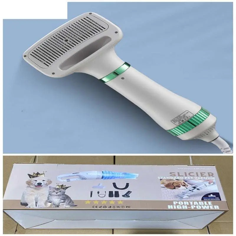White and green handheld pet hair dryer with one-key hair removal and grooming comb attachments for efficient pet grooming