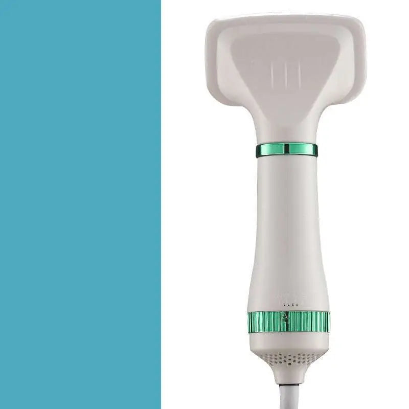 White handheld pet hair dryer with grooming comb attachments and mint green accent rings for one-key hair removal