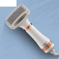 White and rose gold pet hair dryer with grooming comb attachments featuring one-key hair removal function