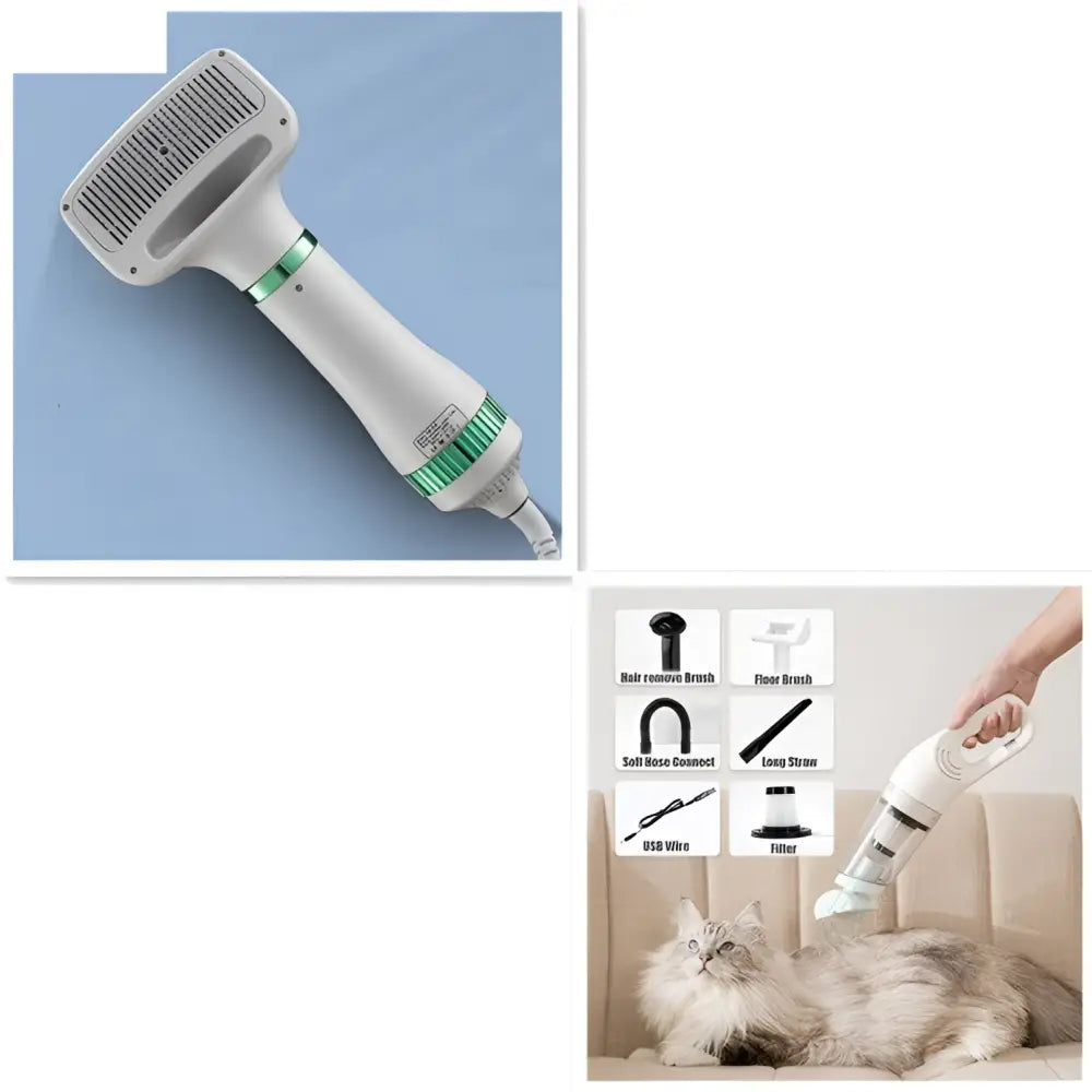 White and green pet hair dryer with grooming comb attachments and detachable brush for one-key hair removal