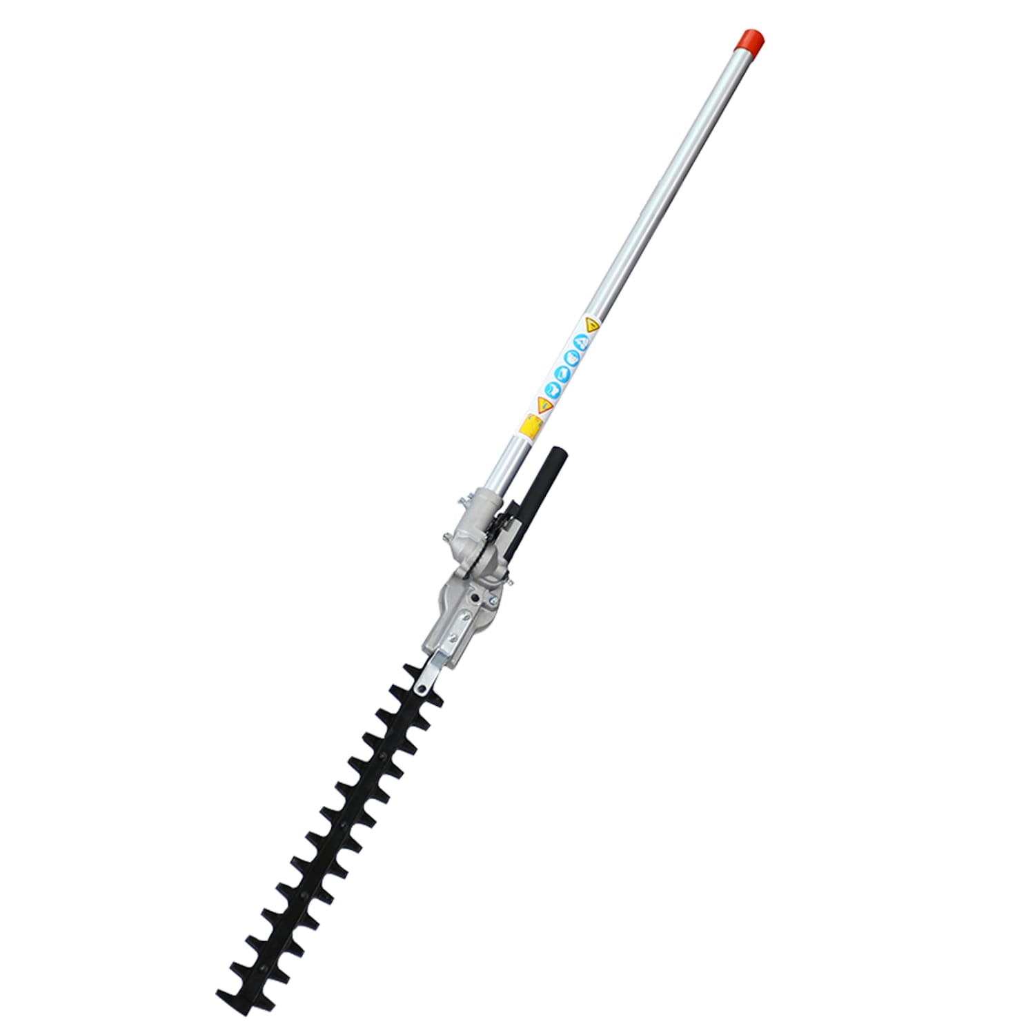 silver and black hedge trimmer attachment with a long slender shaft ending in an orange cap for hedge trimmer and brush cutter multi tool set featuring durable plastic pruning tools