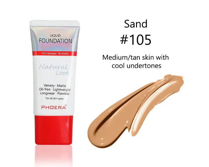 phoera porcelain #101 matte silky tube liquid foundation in sand #105 medium tan shade with cool undertones in a sleek white and red tube liquid foundation.