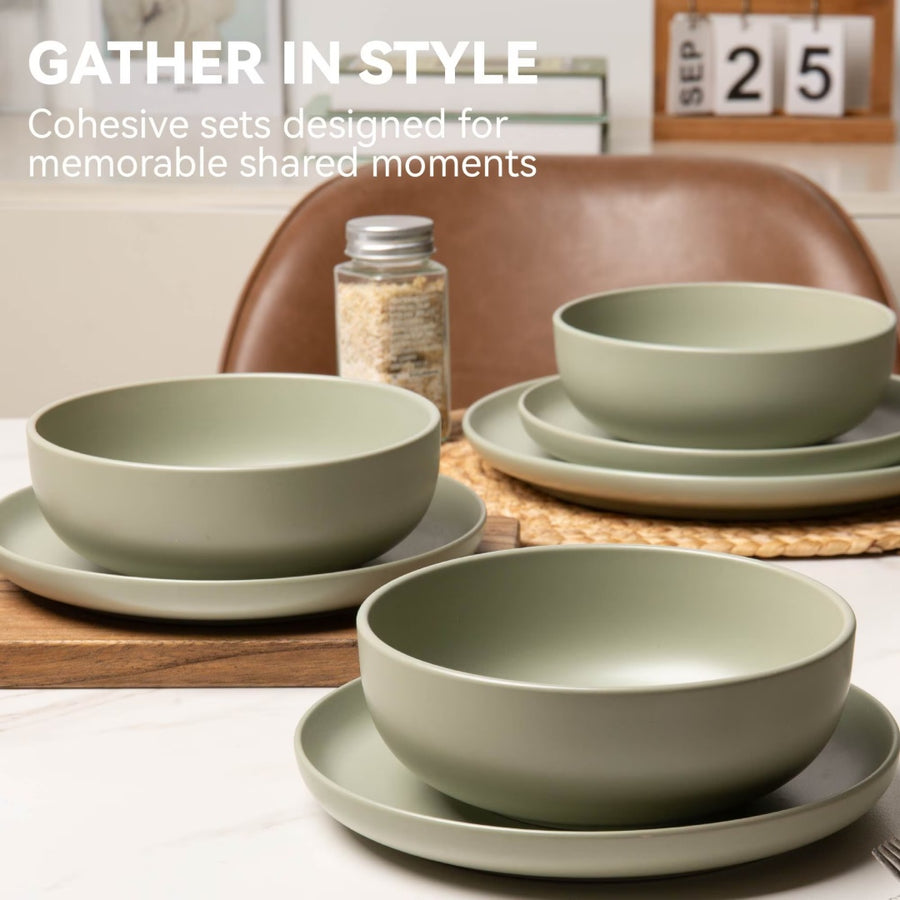 12-Piece Matte Stoneware Dinnerware Set with Mugs - Plates, Bowls & Mugs, Microwave & Dishwasher Safe