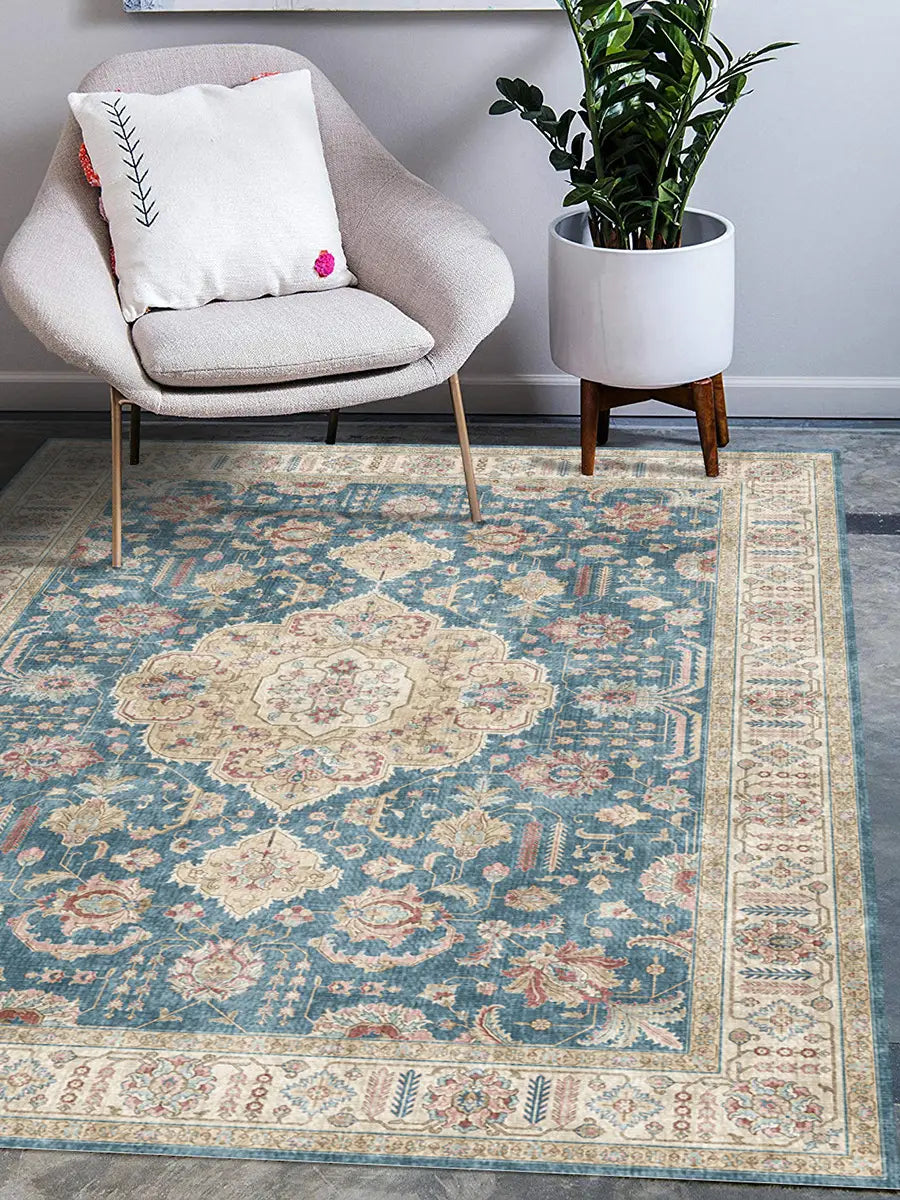 A vintage-inspired burgundy ornate short pile area rug with a teal and cream color palette featuring intricate floral and geometric patterns in muted tones perfect for luxury women’s fashion and plus size dresses bikinis settings.