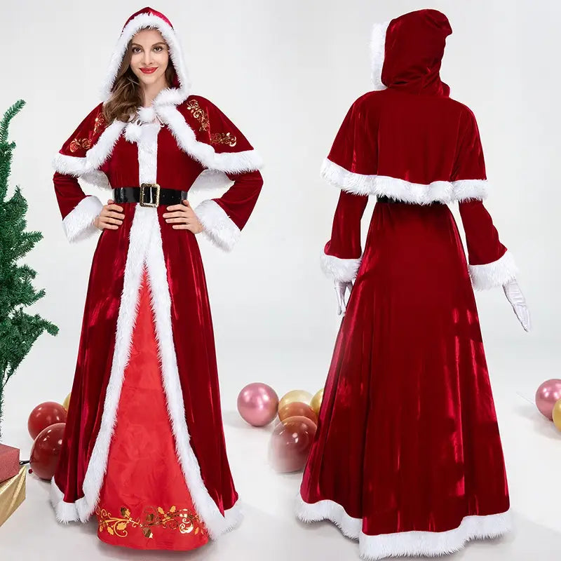 Luxury women’s clothing red velvet santa claus costume with white fur trim and gold embroidery for christmas ball performance and ball performance costume.